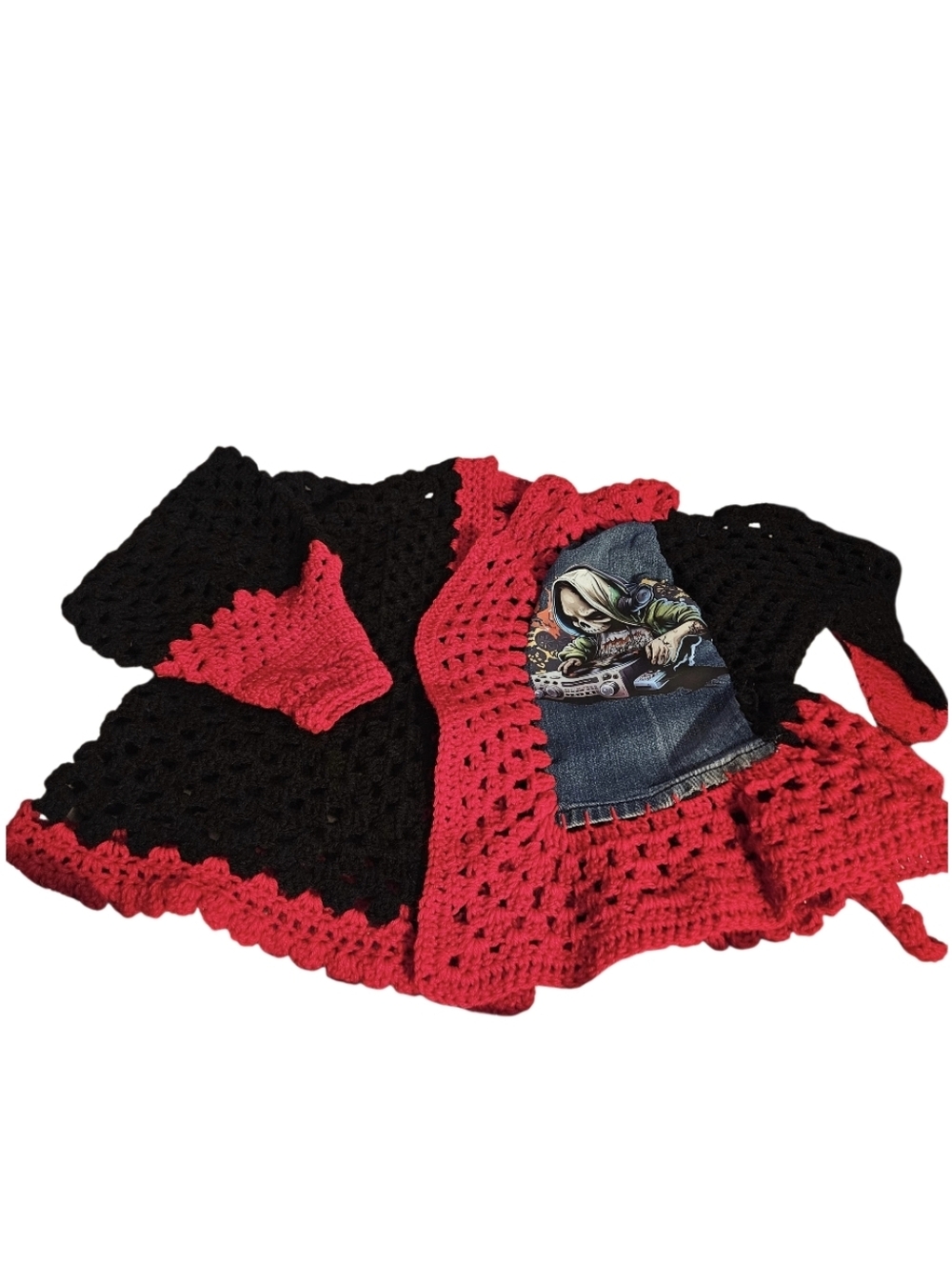 Women Granny Square Punk Cardigan Skull DJ Upcycled Denim Crochet Jacket Boho - Picture 10 of 16